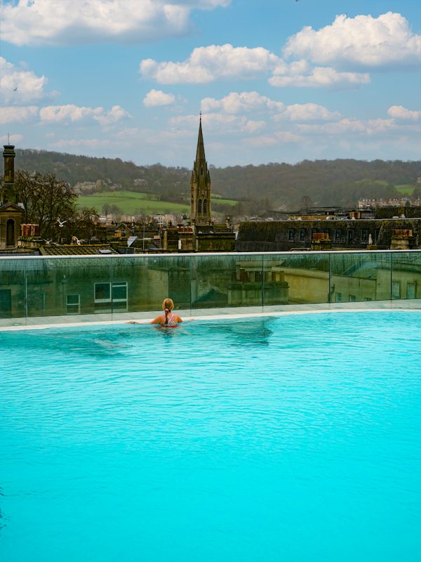 Relaxing in the rooftop pool at Thermae Bath Spa