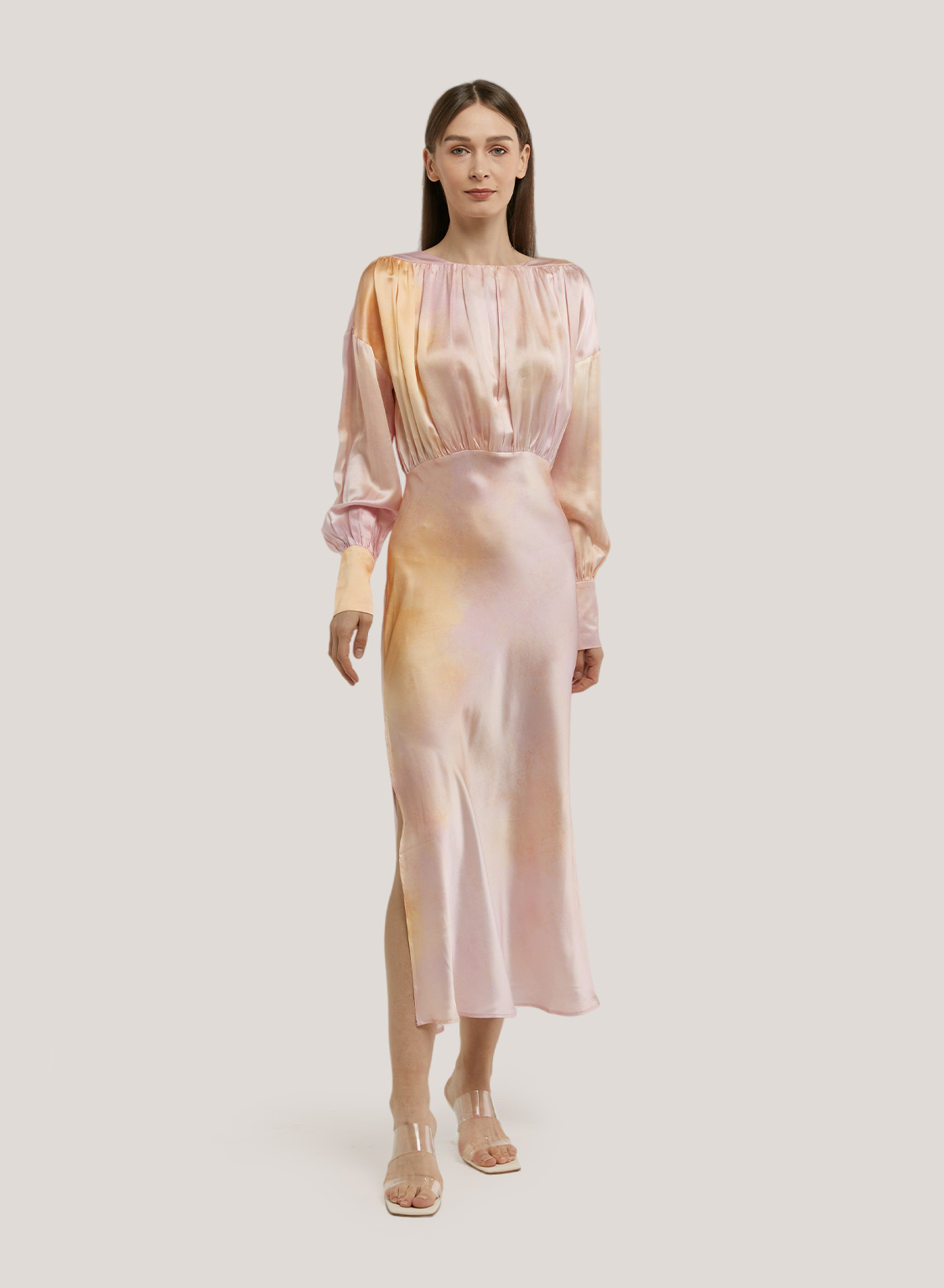 Long-sleeved silk satin dress