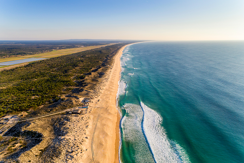 Aerial view of Comporta Beach on the Troia Peninsula in Portugal