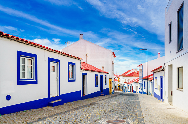 Cobbled streets of the old town of Vila Nova de Milfontes, Portugal