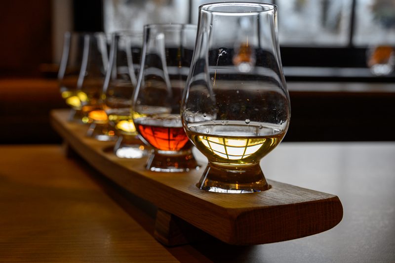 Flight of Scottish whisky with a variety of single malts
