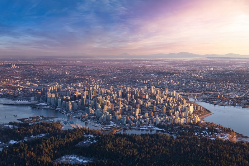 Aerial view of Stanley Park and Downtown Vancouver, BC, Canada