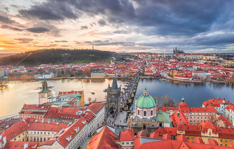 Aerial view of the famous Charles Bridge and St. Francis Of Assisi Church