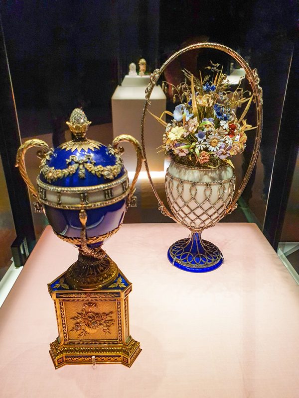 Blue Serpent Clock egg and Basket of Flowers egg