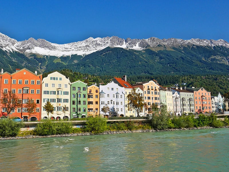 Colourful houses alongside the river Inn, Innsbruck, Austria