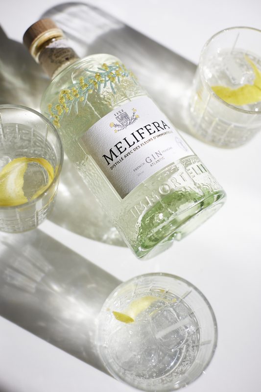 A distinctive Melifera French gin bottle