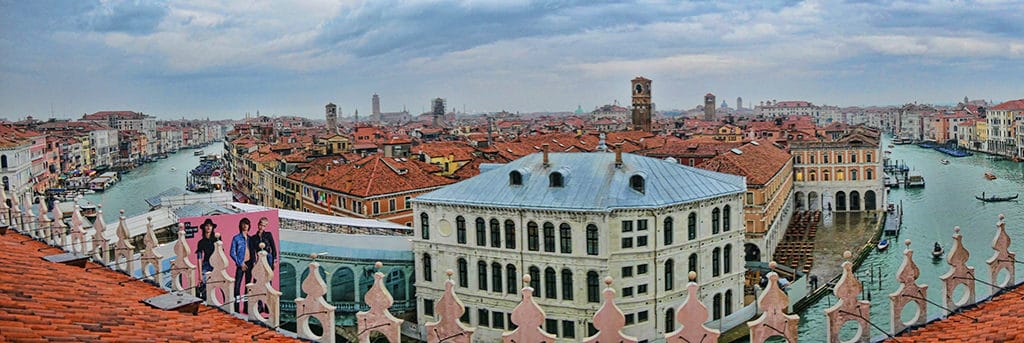 Panoramic view from the rooftop of Fondaco dei Tedeschi luxury department store in Venice, Italy