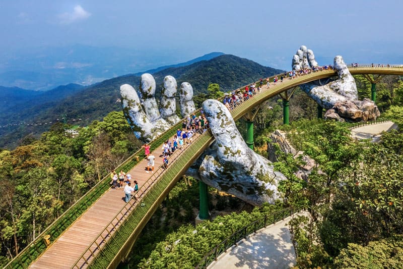 The Golden Bridge and giant hands on Ba Na Hill in Da Nang, Vietnam