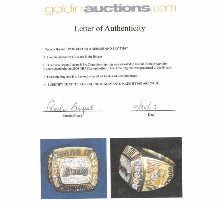 Проданное десять лет назад за 173 000 долларов, чемпионское кольцо Коби 2000 года недавно было продано за 927 000 долларов!