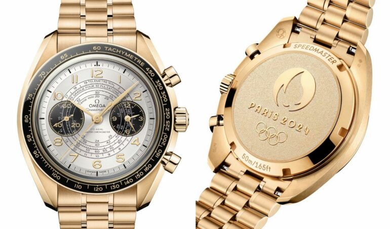 Новые часы Speedmaster Chronoscope Paris 2024 от Omega, выполненные из лунного золота и стали, несут факел в преддверии Олимпийских игр.