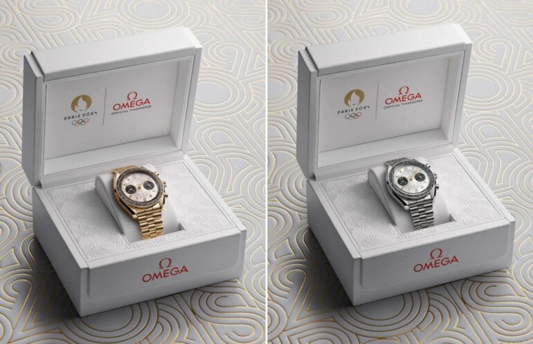 Новые часы Speedmaster Chronoscope Paris 2024 от Omega, выполненные из лунного золота и стали, несут факел в преддверии Олимпийских игр.