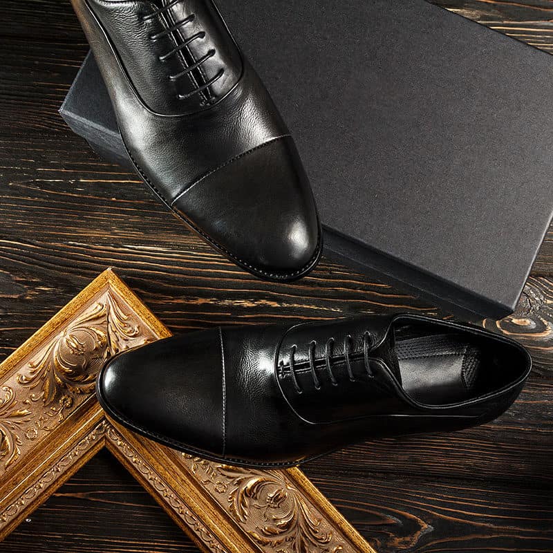 Black leather cap toe Oxford men's shoes 