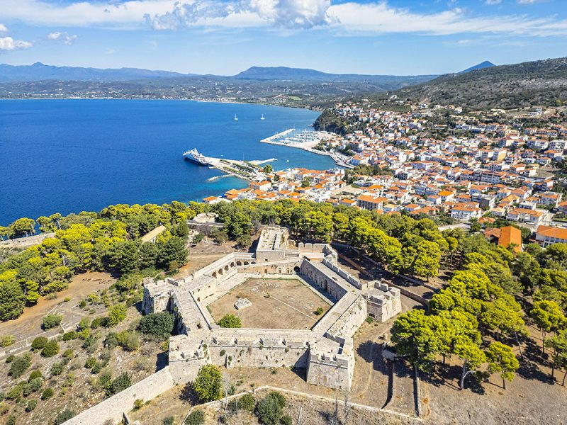 Aerial view of New Pylos Castle - things to do in Costa Navarino