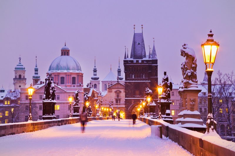 Charles Bridge in the snow in Prague