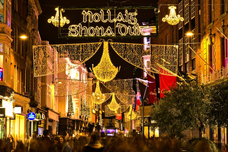 Evening view of Nollaig shona dhuit Christmas lights in Dublin