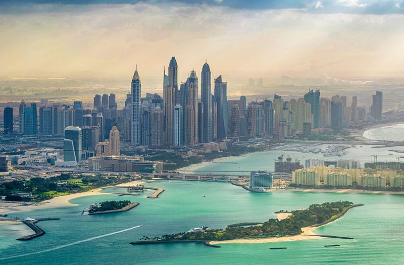 Aerial view of Dubai Marina and Palm Island