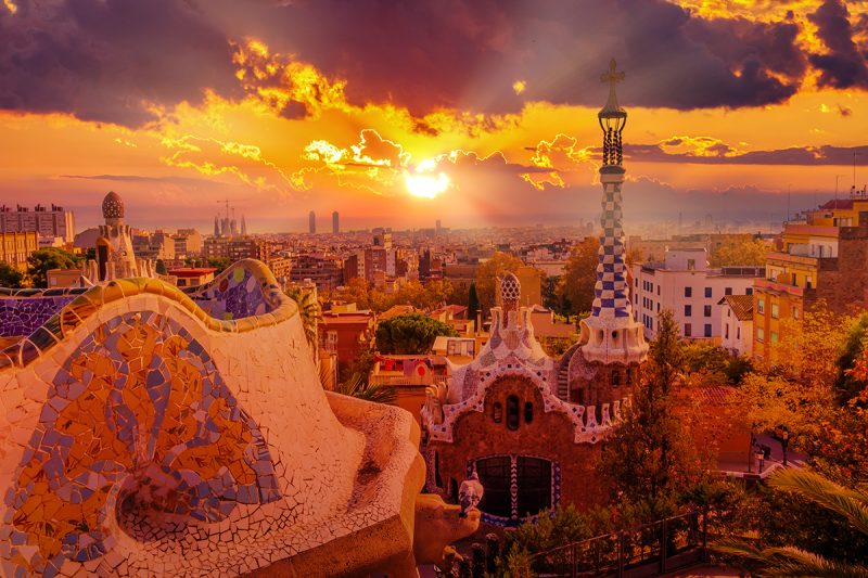 Panoramic view of Park Guell in Barcelona at sunset - most romantic European cities