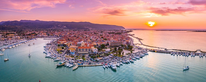 Sunset aerial view of Lefkas (Lefkada) town, Greece