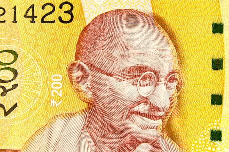 Portrait of Mahatma Gandhi on Indian bill 200 rupees - most valuable currencies