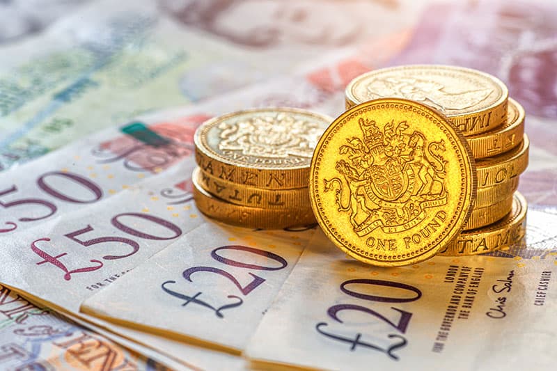 British £1 coins on British banknotes