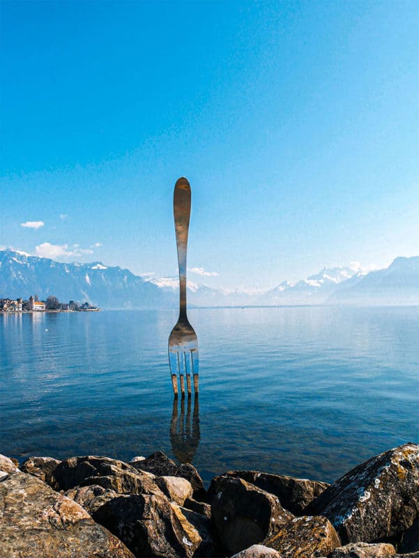 The Fork is a surreal sculpture in the lake at Vevey, Switzerland