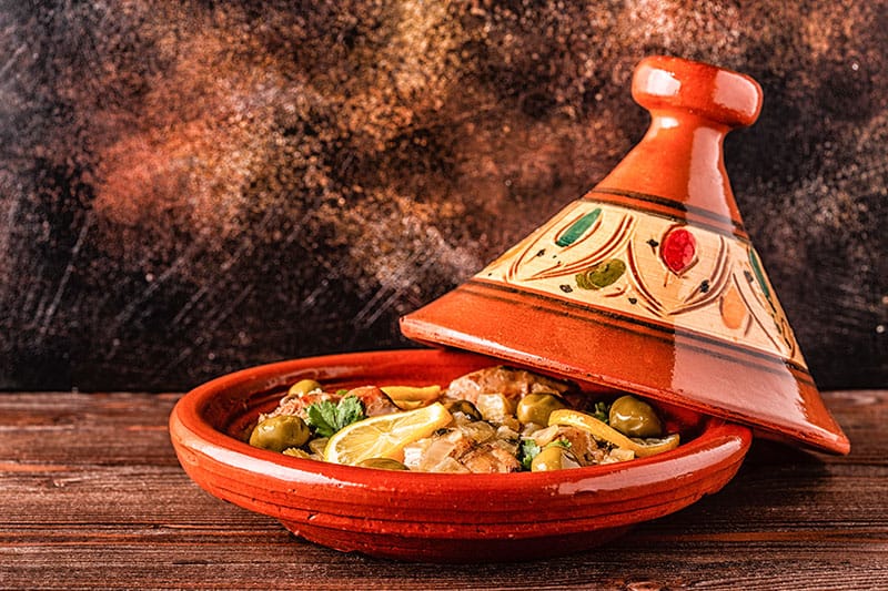 Traditional Moroccan chicken tagine with olives and salted lemons