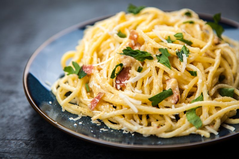 Spaghetti carbonara with parmesan, egg and pancetta