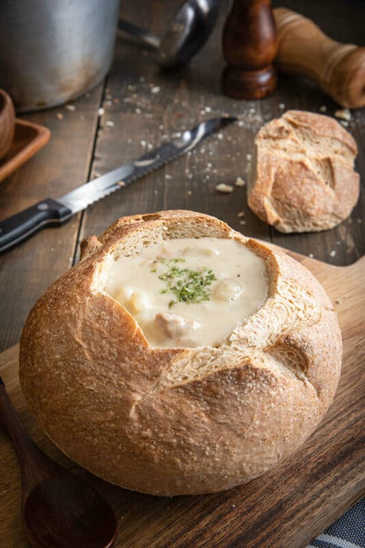 Clam chowder in a sour dough bread bowl
