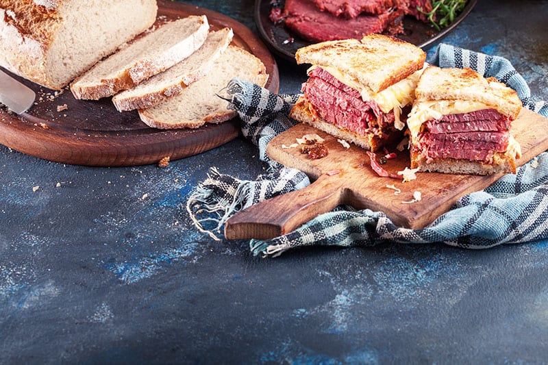 Reuben Sandwich with corned beef, cheese and sauerkraut