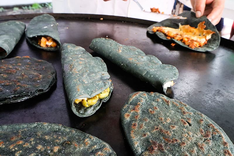 Mexican blue corn masa tlacoyos, quesadillas and gorditas