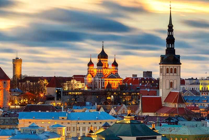 Aerial view of the old town and Toompea hill at dawn in Tallinn