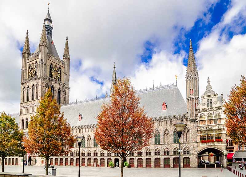 View of the historical Lakenhal building in Ypres, Belgium