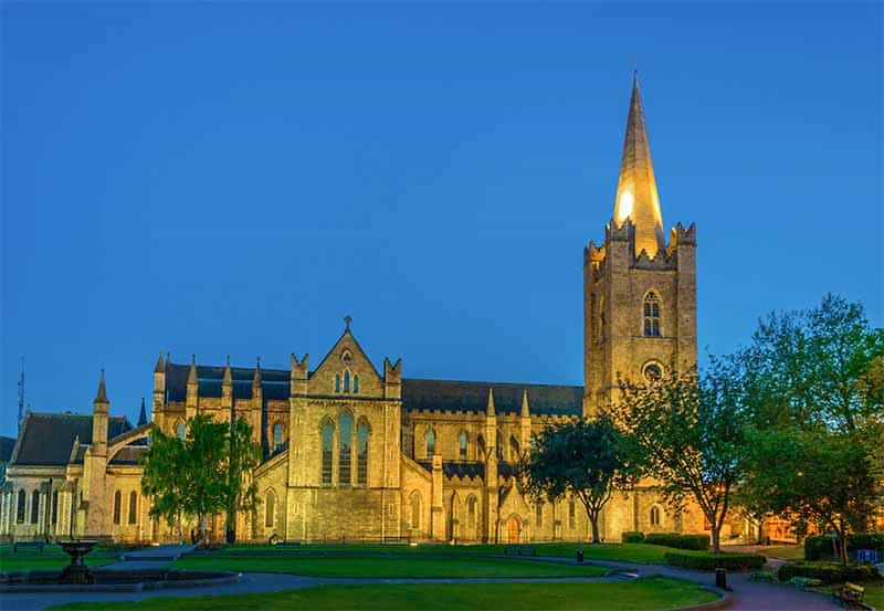 Night view of St. Patrick's Cathedral in Dublin, Ireland